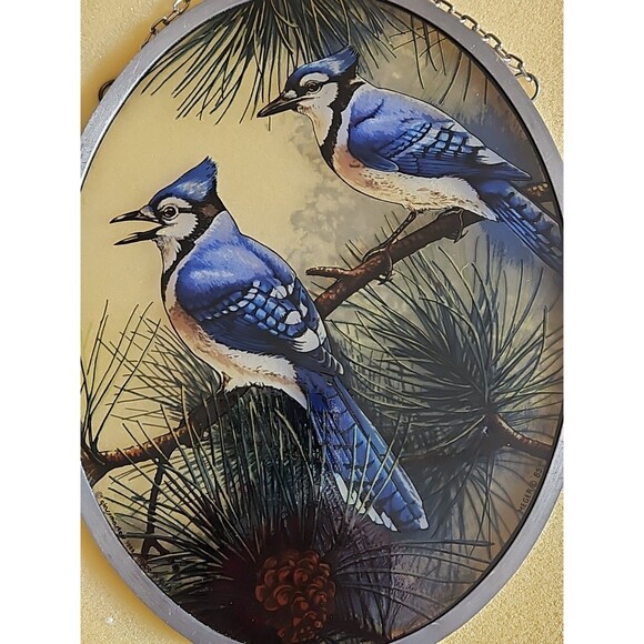 Pair of Blue Jay's Oval Glass Sun Catcher by Glass Masters 1989 - Picture 2 of 8